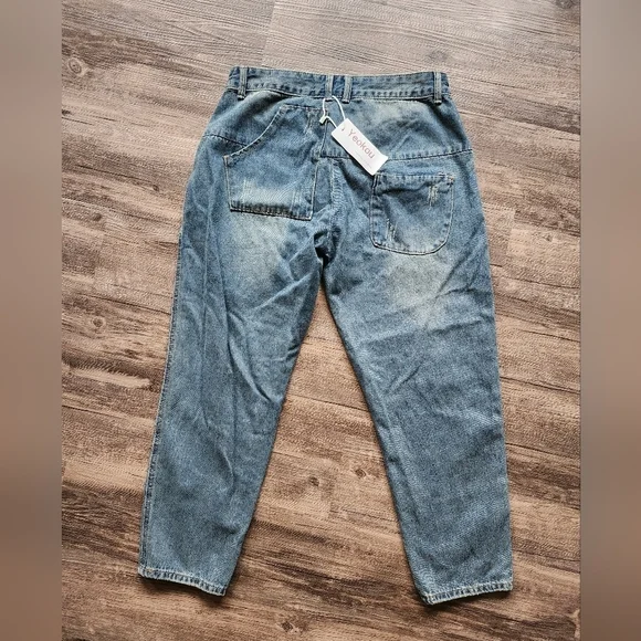 NWT Yeokou Medium Wash Irregular Pockets Denim Jeans - Picture 2 of 5